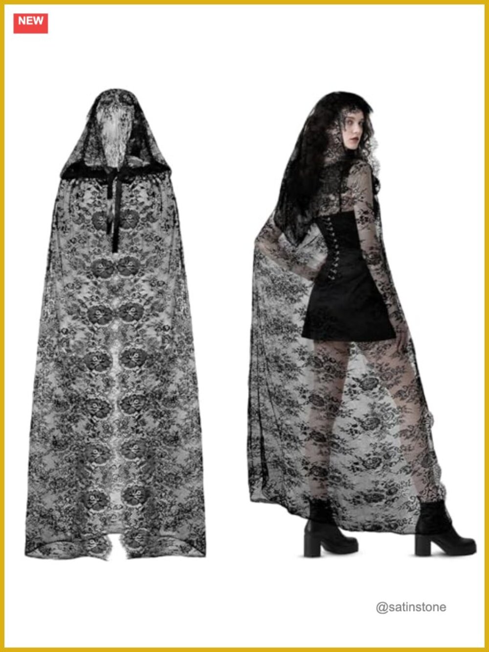 Black Lace Hooded Cape Gothic Witch Halloween Costume